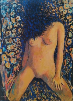 "Passion" - Vertical expressionist female kneeling nude with flowers in ochre.
