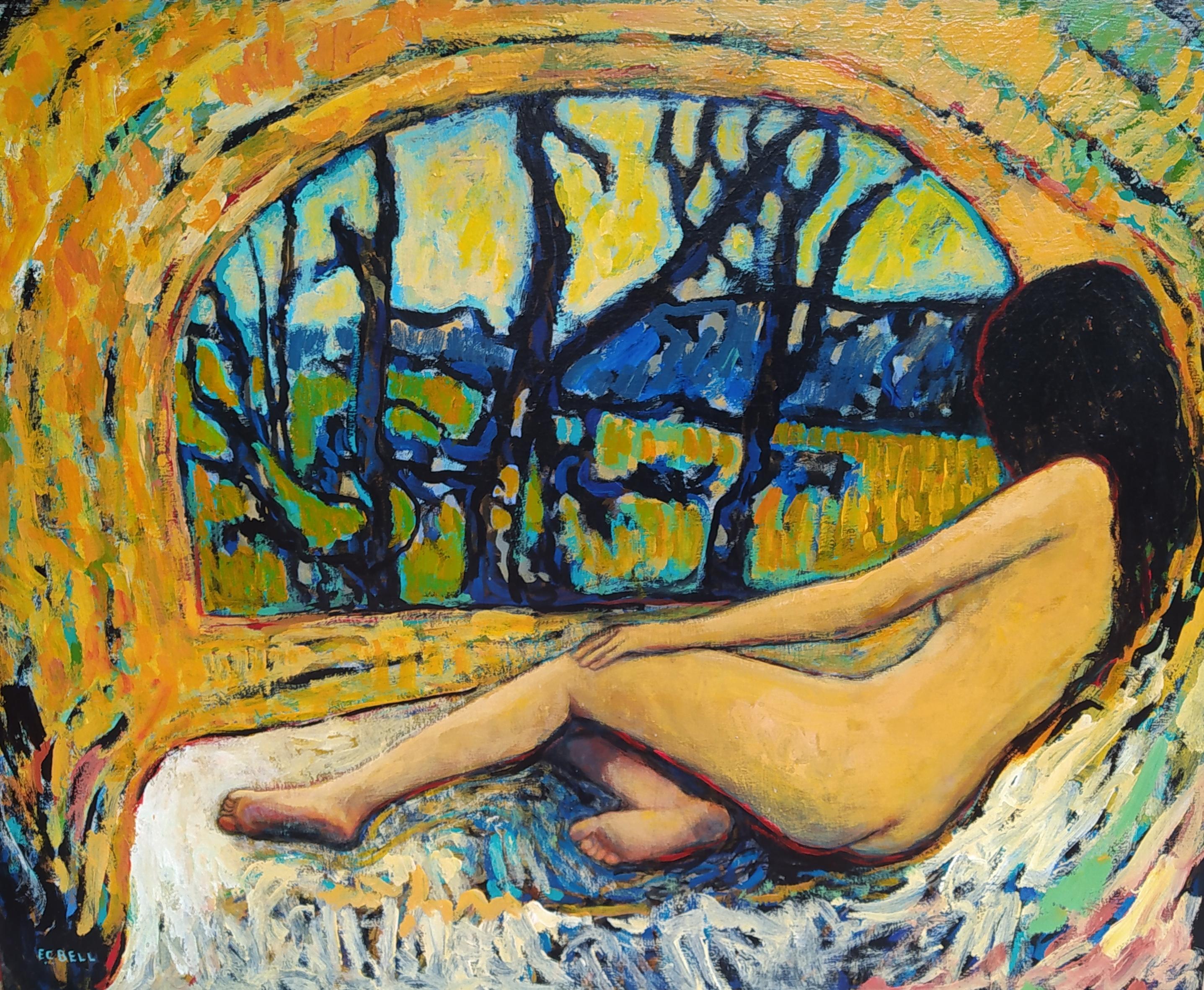 "Portal" - Horizontal expressionist landscape with female nude.