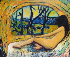 « Portrait » - Paysage expressionniste horizontal avec nu féminin.