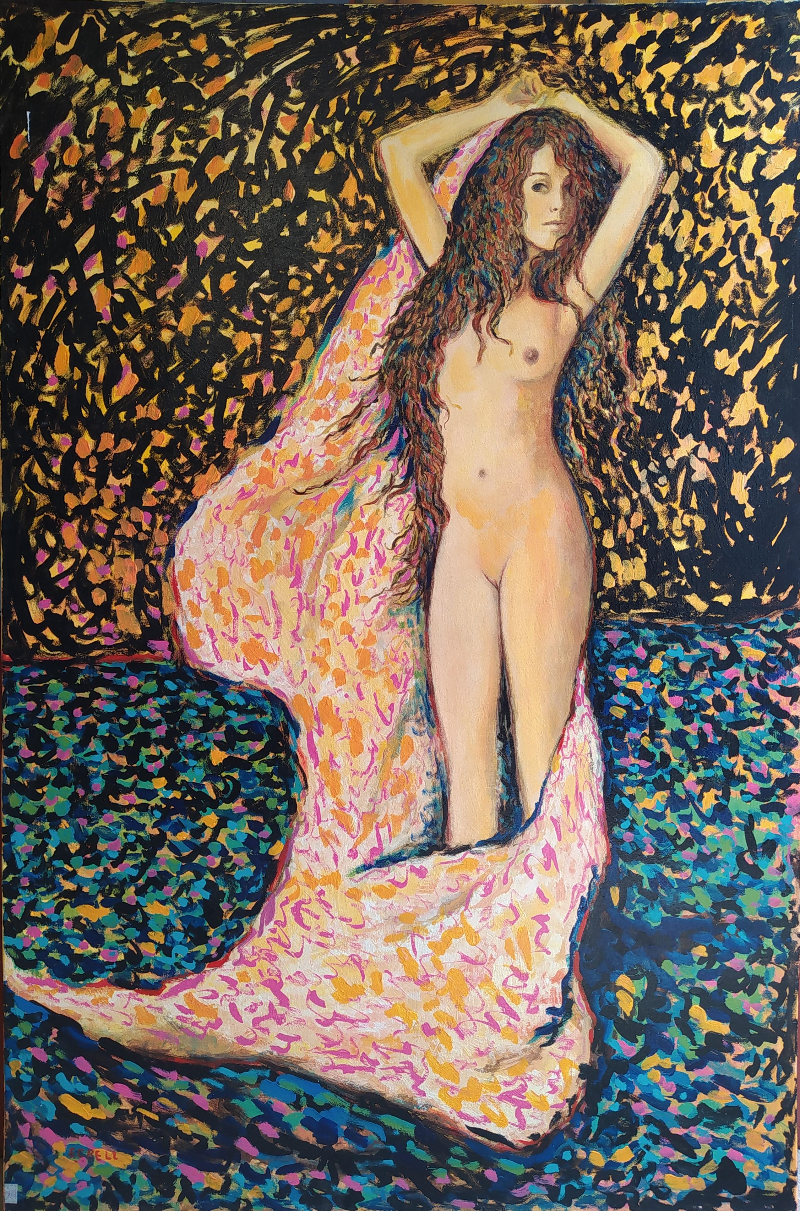 E.C. Bell Nude Painting - "Rapture" - Vertical expressionist female nude in blue, pink, yellow and black.