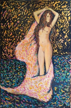 "Rapture" - Vertical expressionist female nude in blue, pink, yellow and black.