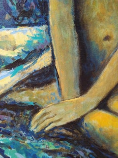 ""Rhonda"" - Expressionistische Landschaft mit nacktem Akt, Acryl auf Leinwand Blau