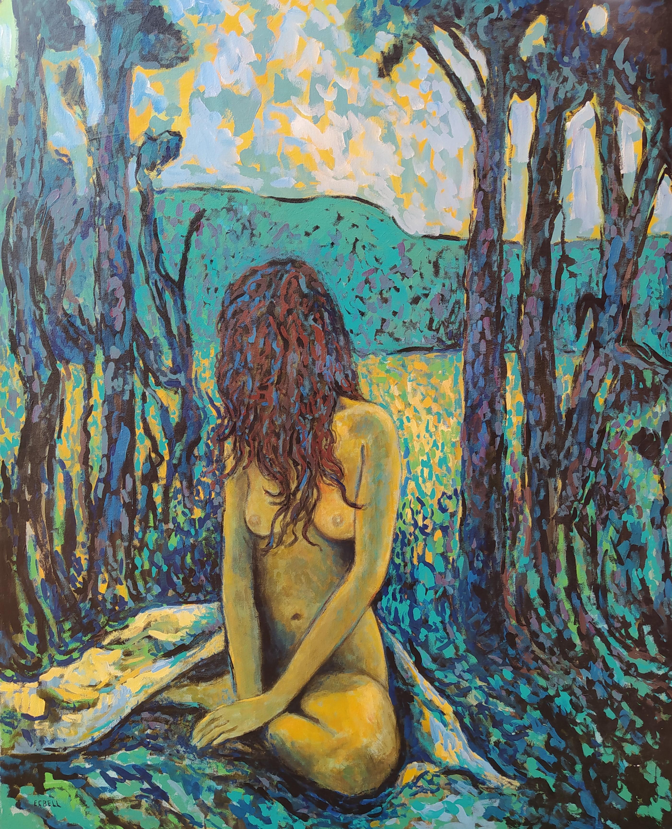 "Rhonda" - Vertical expressionist turquoise landscape with female nude.