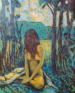"Rhonda" - Expressionist landscape with nude, acrylic on canvas Blue