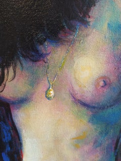 "Silverlake"- Vertical expressionist semi-nude with landscape in blue and black.