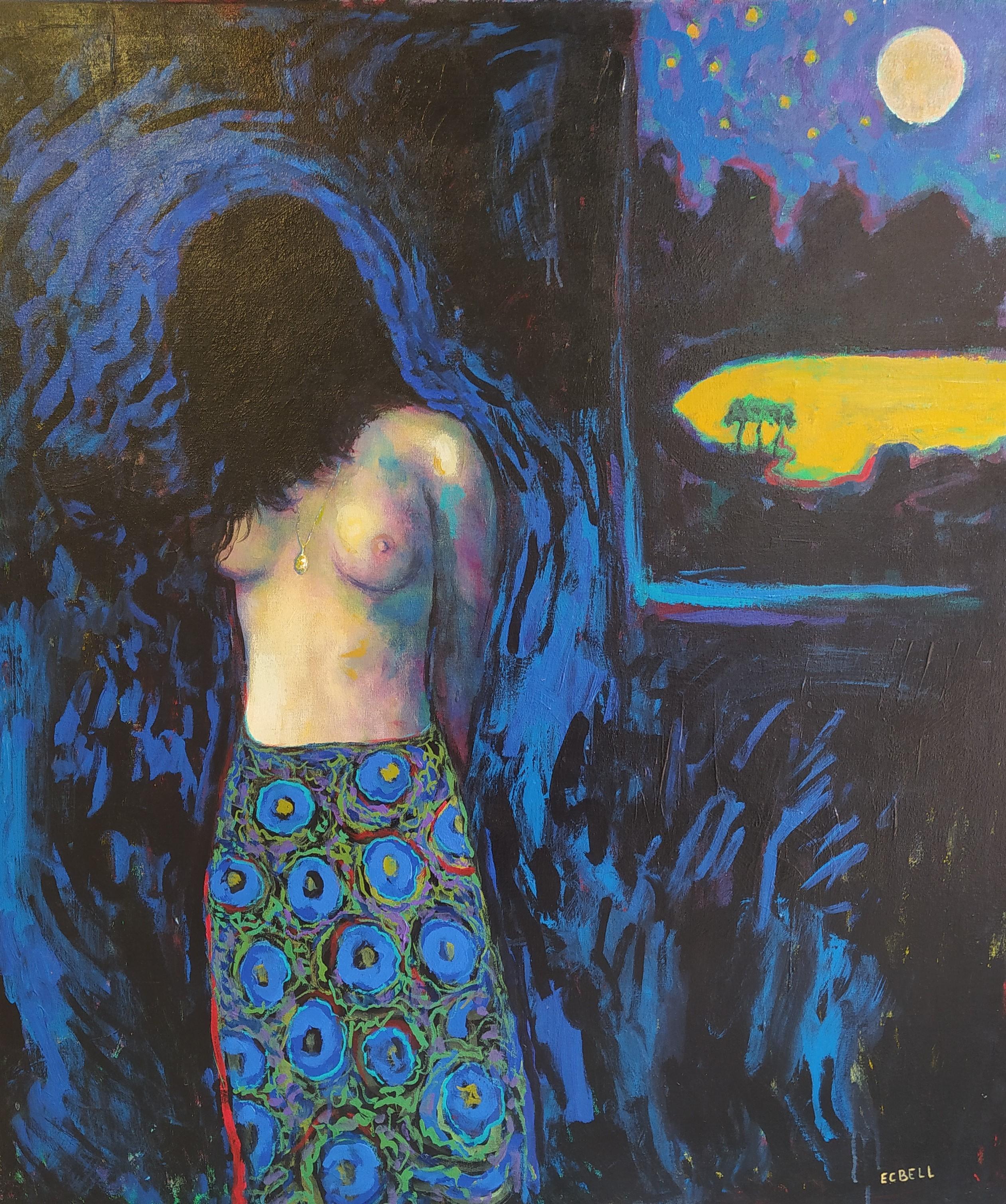 "Silverlake"- Vertical expressionist semi-nude with landscape in blue and black.