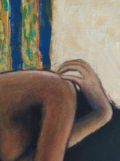 "Sunny Room" - Quadratisches expressionistisches Gemälde mit weiblichem Akt, Ocker und Blau.