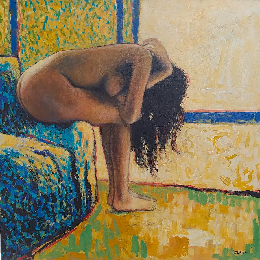 E.C. Bell Nude Painting – "Sunny Room" - Quadratisches expressionistisches Gemälde mit weiblichem Akt, Ocker und Blau.