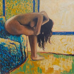 "Sunny Room" - Quadratisches expressionistisches Gemälde mit weiblichem Akt, Ocker und Blau.