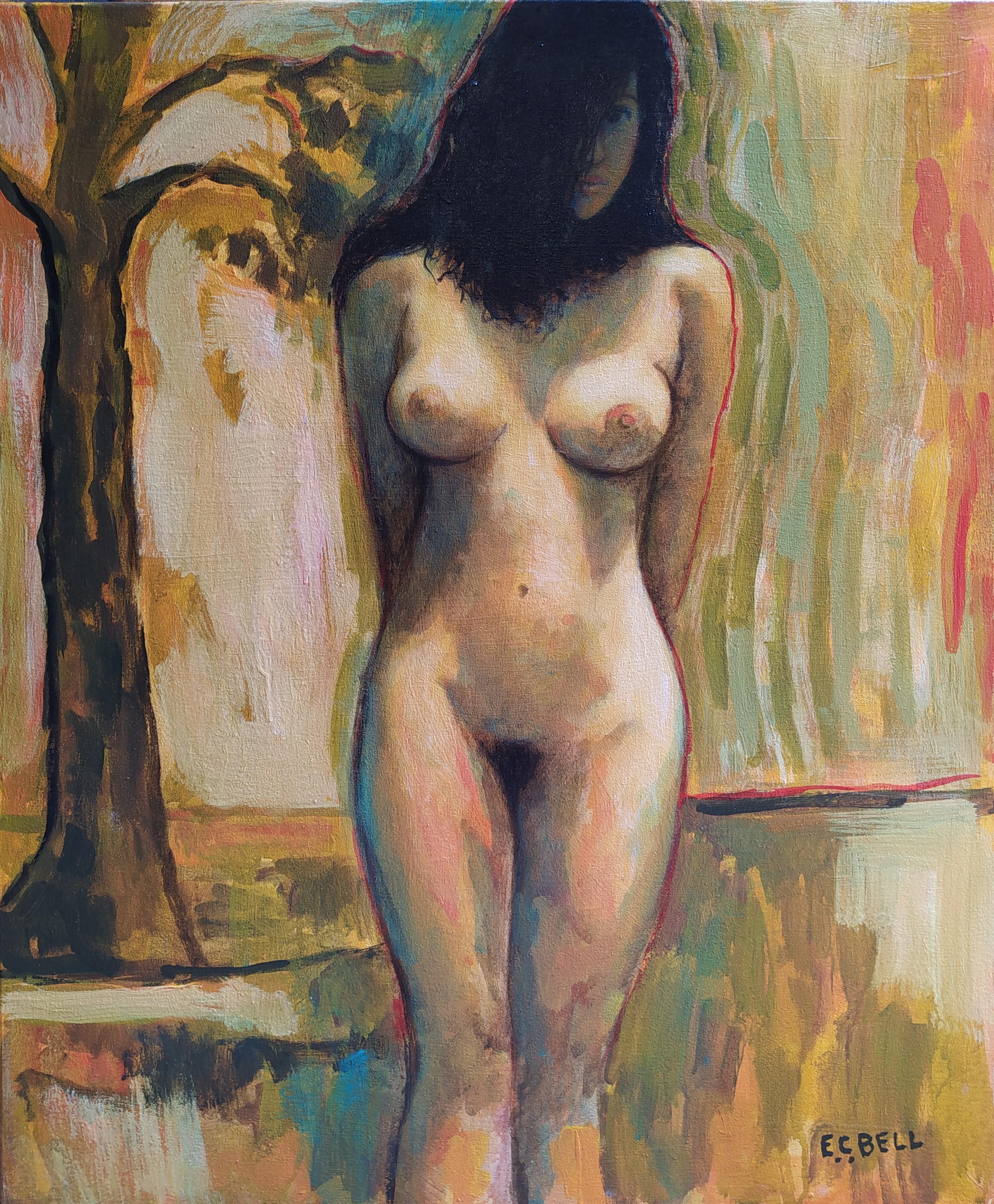 E.C. Bell Nude Painting - "Sussy" - Vertical expressionist female nude with tree in pale colors.