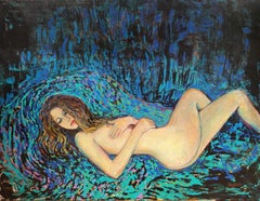 "Suzy" - Horizontal expressionist female nude in blue and black.