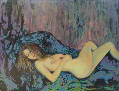 "Suzy"- Horizontal expressionist painting, reclining female nude in cool colors.