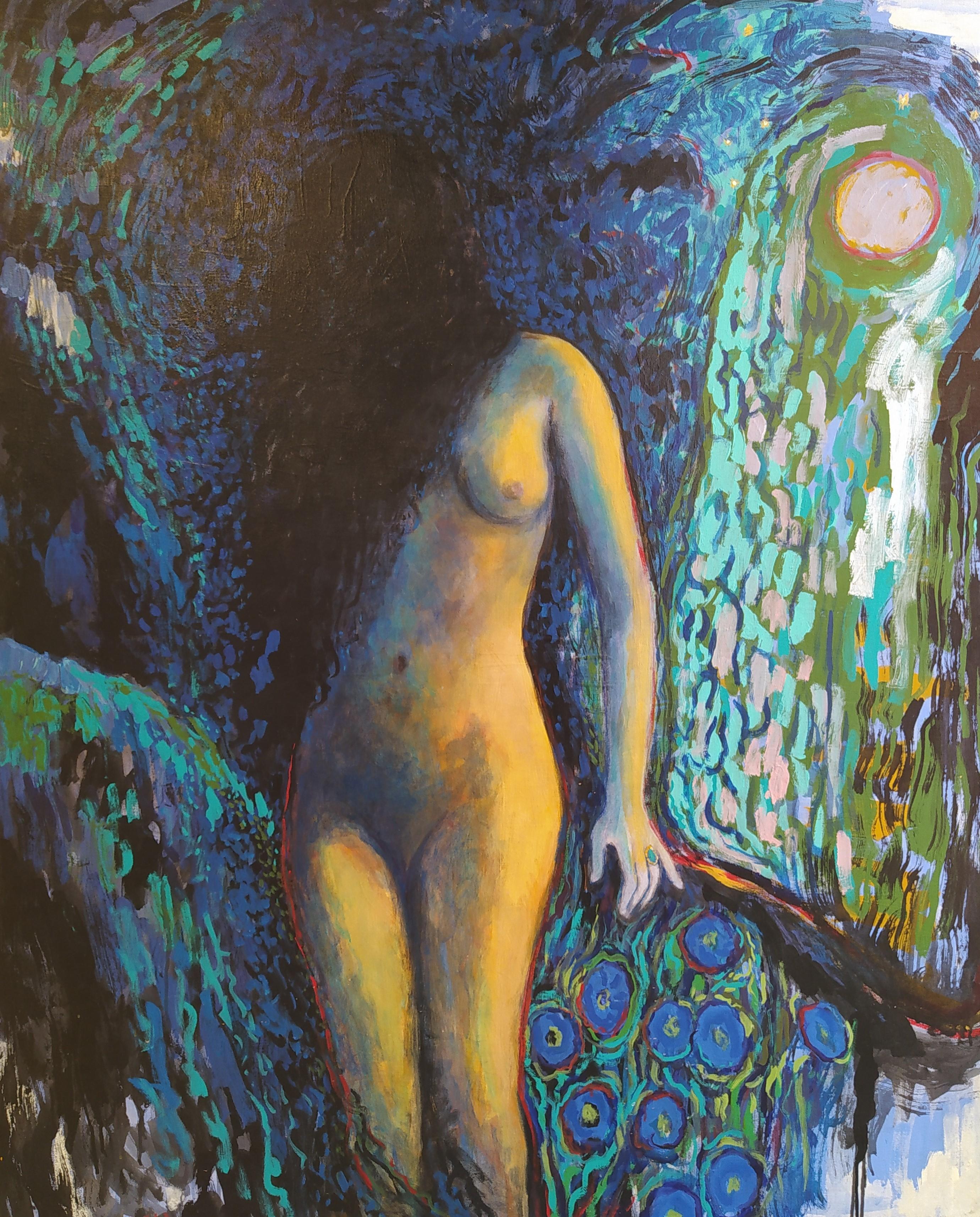 E.C. Bell Nude Painting - "The Ring" - Vertical expressionist female nude in dark colors.