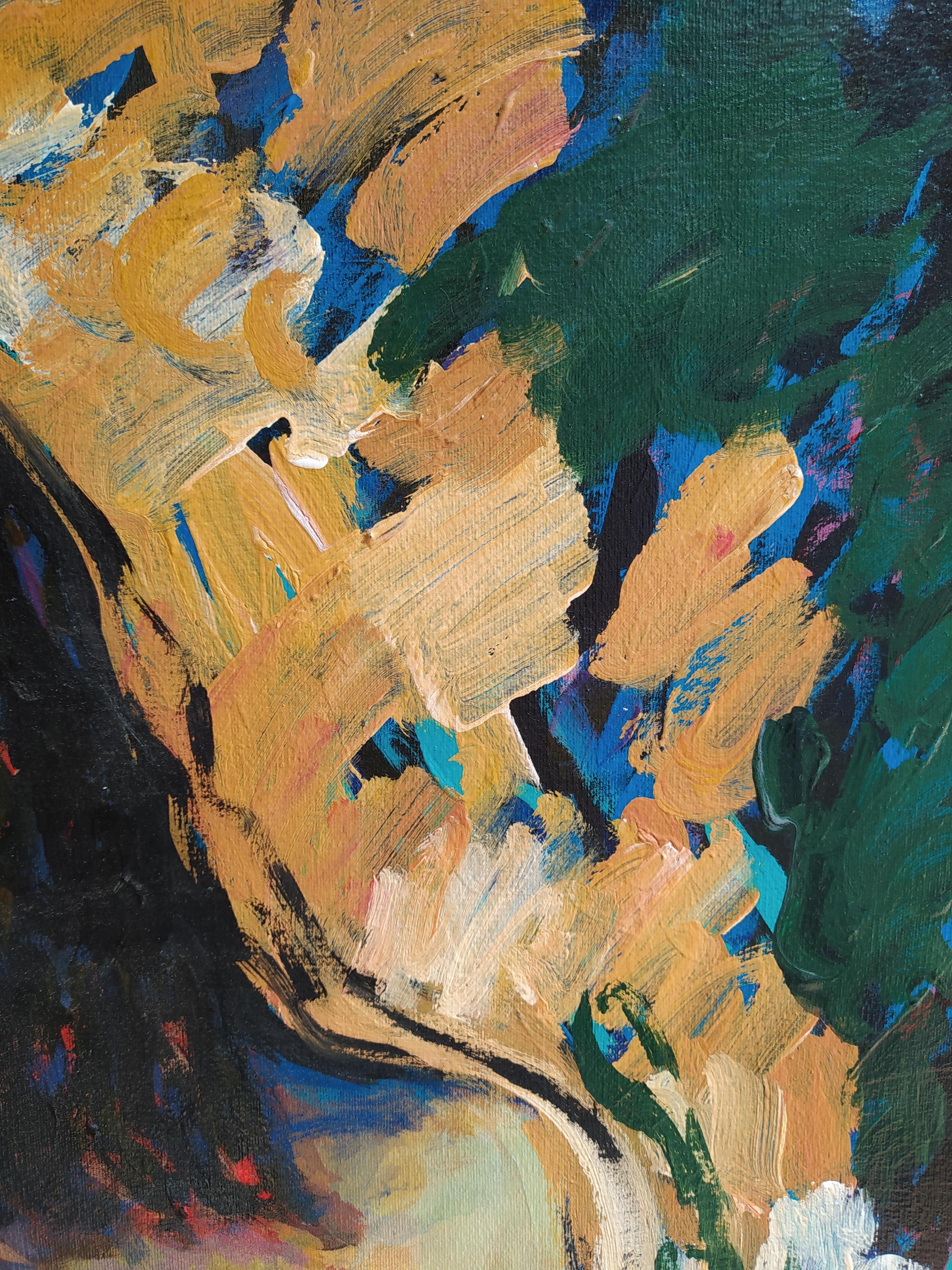 « Trois Muses » - œuvre d'art expressionniste de nus, acrylique sur toile. - Gris Nude Painting par E.C. Bell