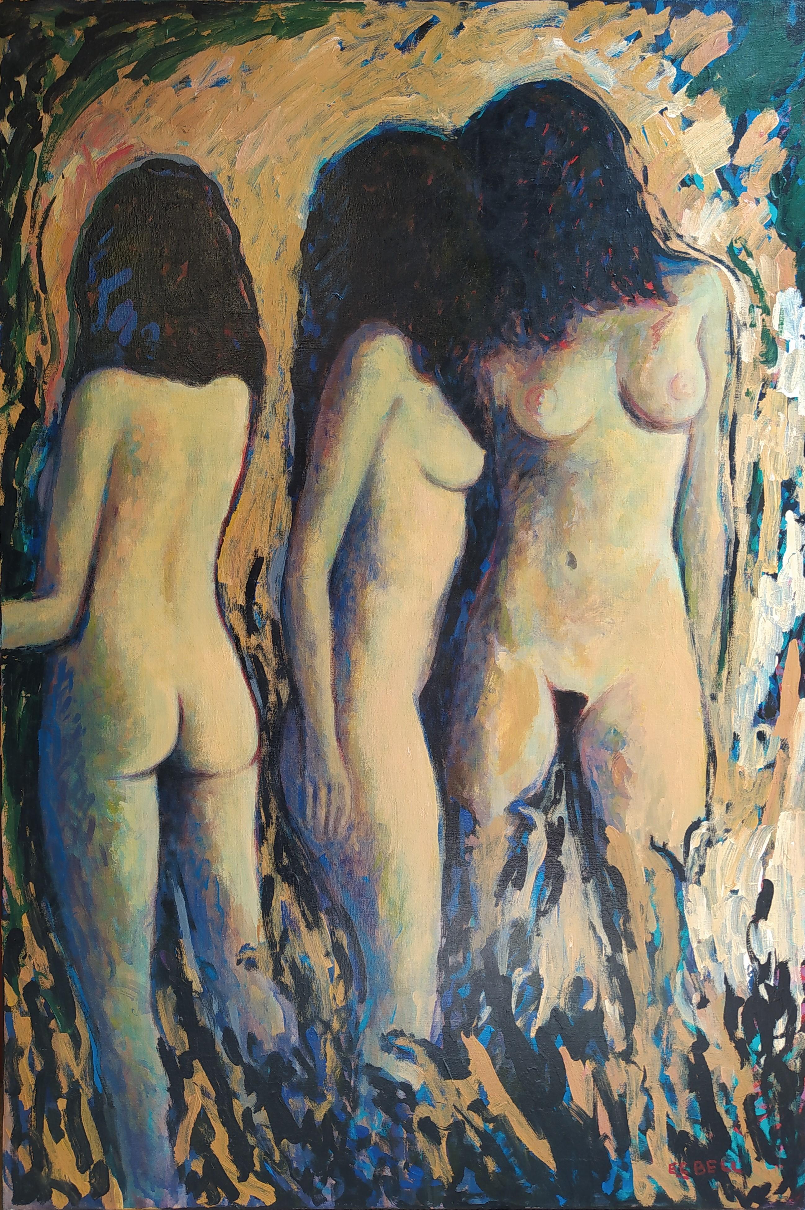 "Three Muses" - Vertical expressionist female nude in yellow ochre and black.