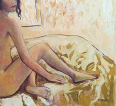 "Valery" - Horizontal indoor female nude in yellow ochre and white.