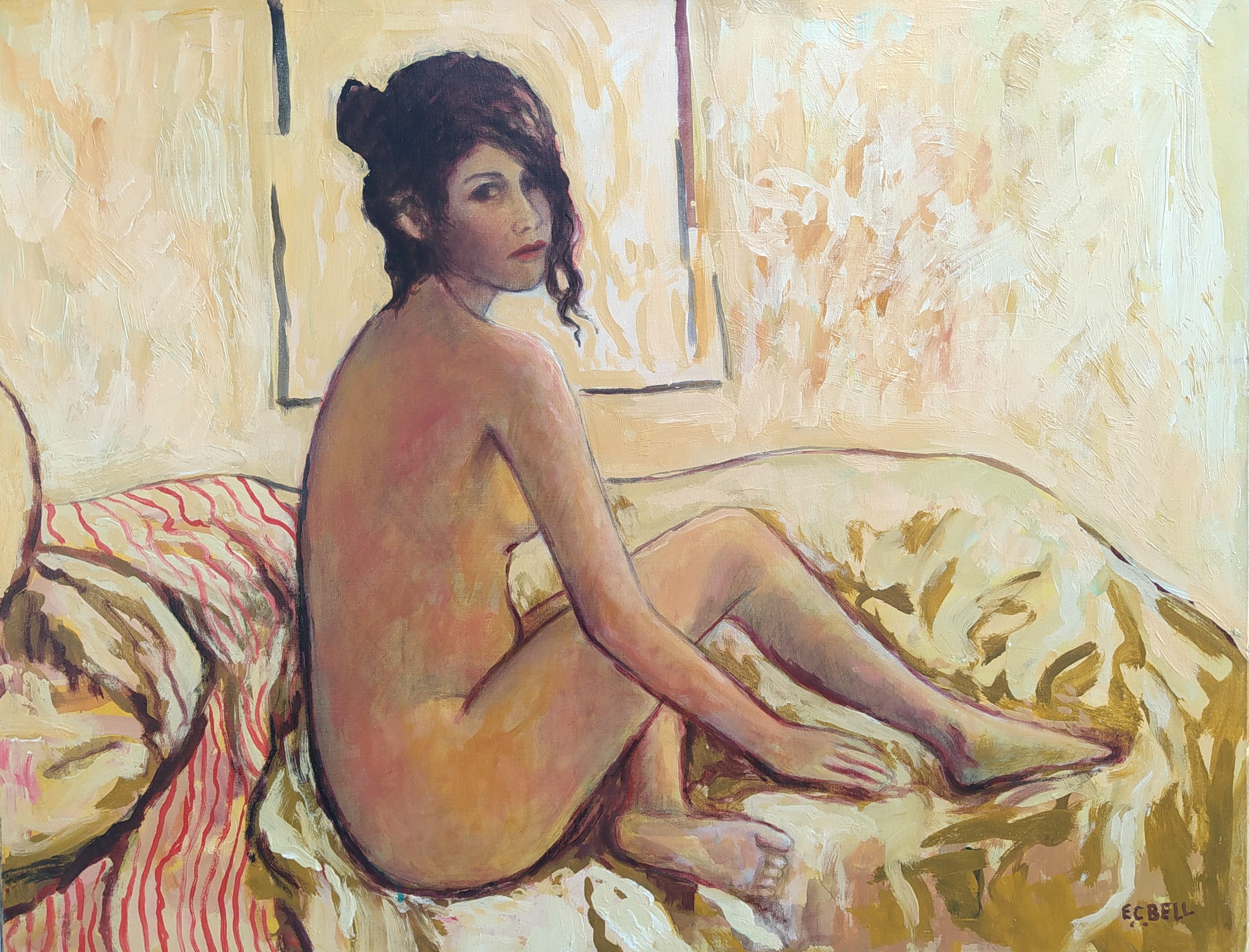 E.C. Bell Nude Painting - "Valery" - Horizontal indoor female nude in yellow ochre and white. 