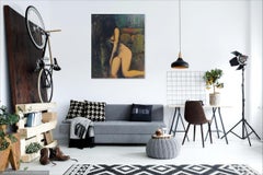 "Woman Seated" - Vertical expressionist female semi-nude in cool colors.