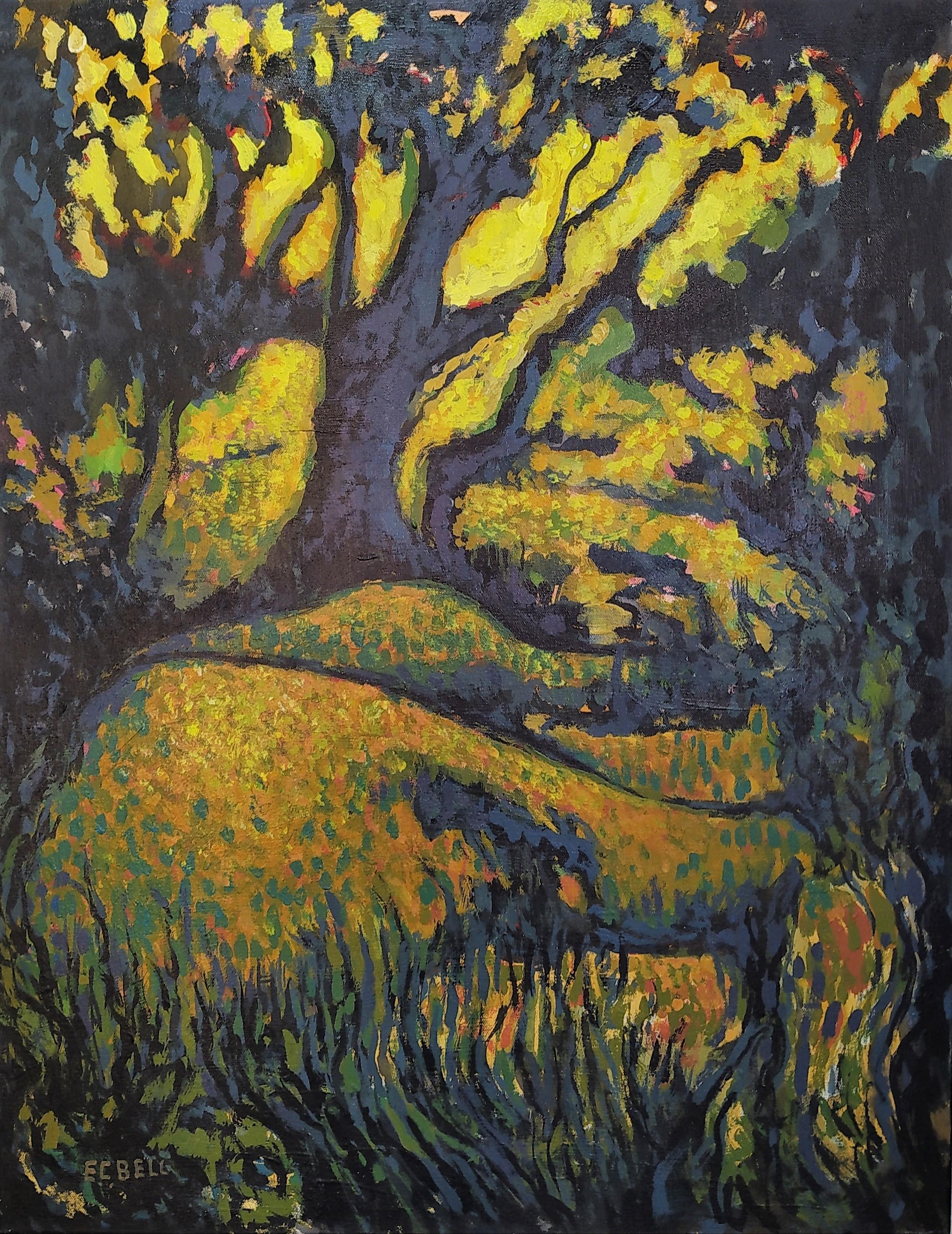 E.C. Bell Landscape Painting - "Yellow Landscape" - Vertical expressionist landscape in yellow & black colors.