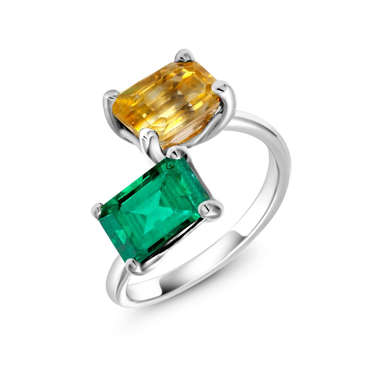 Emerald Cut EC Emerald and Yellow Sapphire Open Shank Cocktail Ring Weighing 4.11 Carat