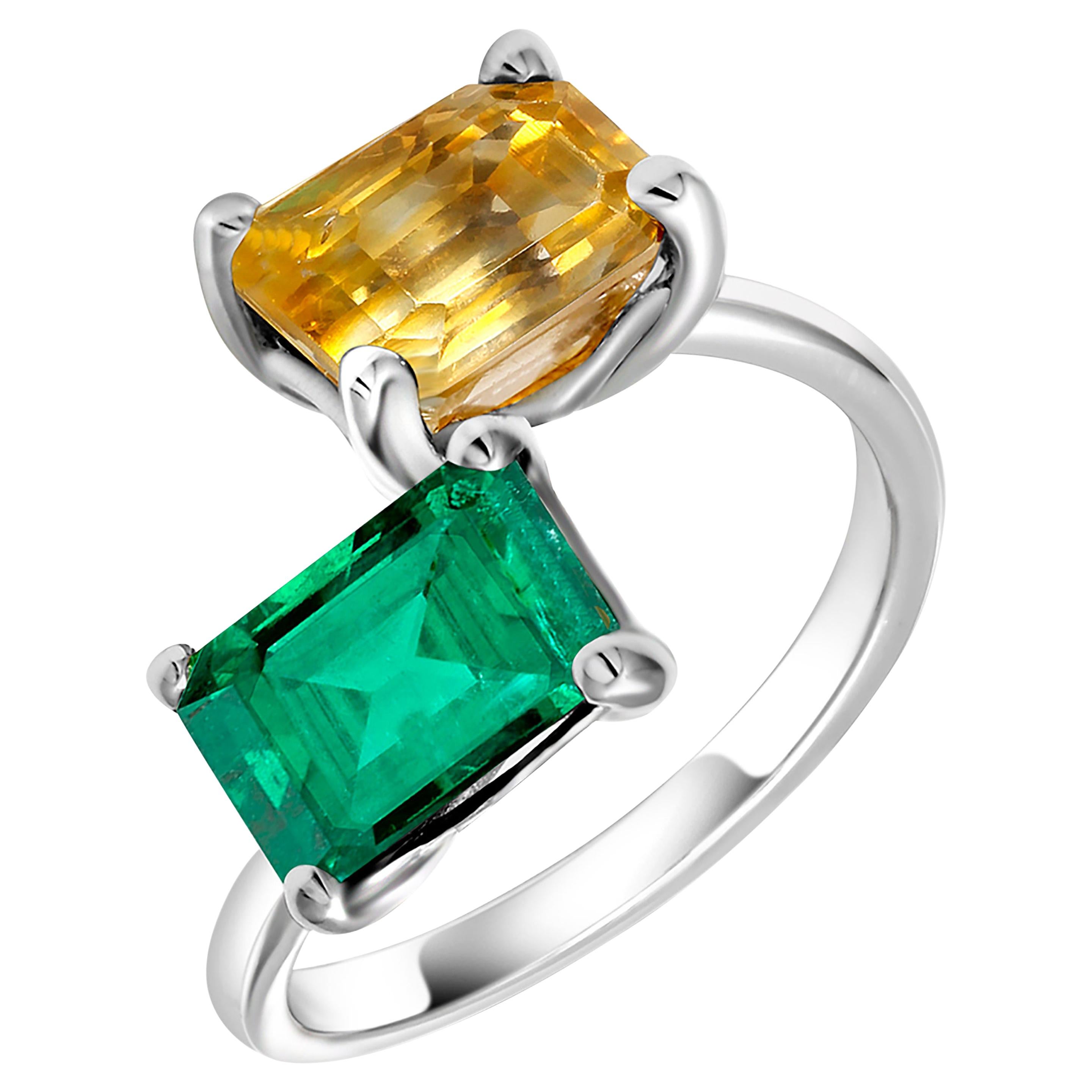 EC Emerald and Yellow Sapphire Open Shank Cocktail Ring Weighing 4.11 Carat