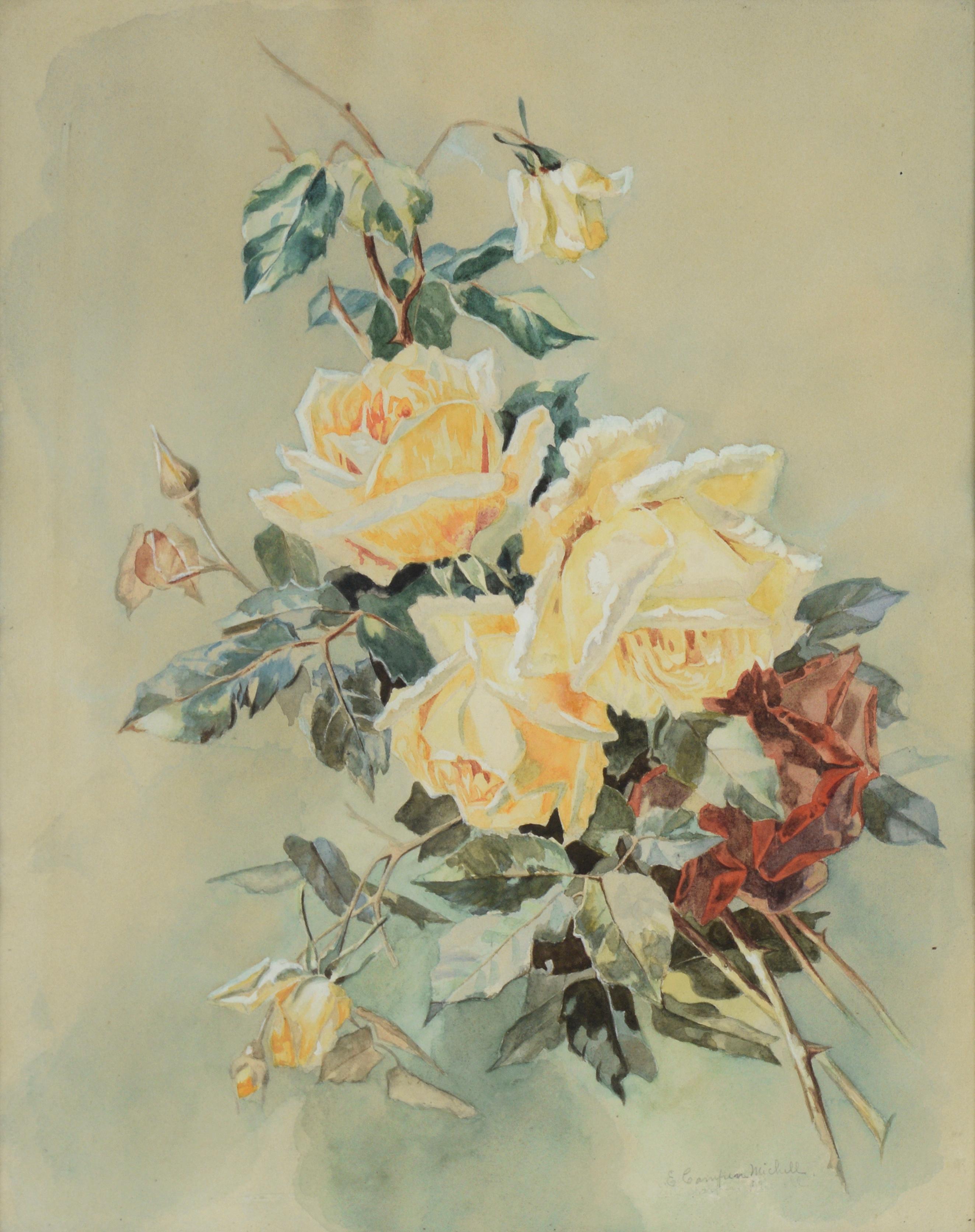 Nature morte au bouquet de roses jaunes - Aquarelle sur papier - Painting de E.C. Michelle