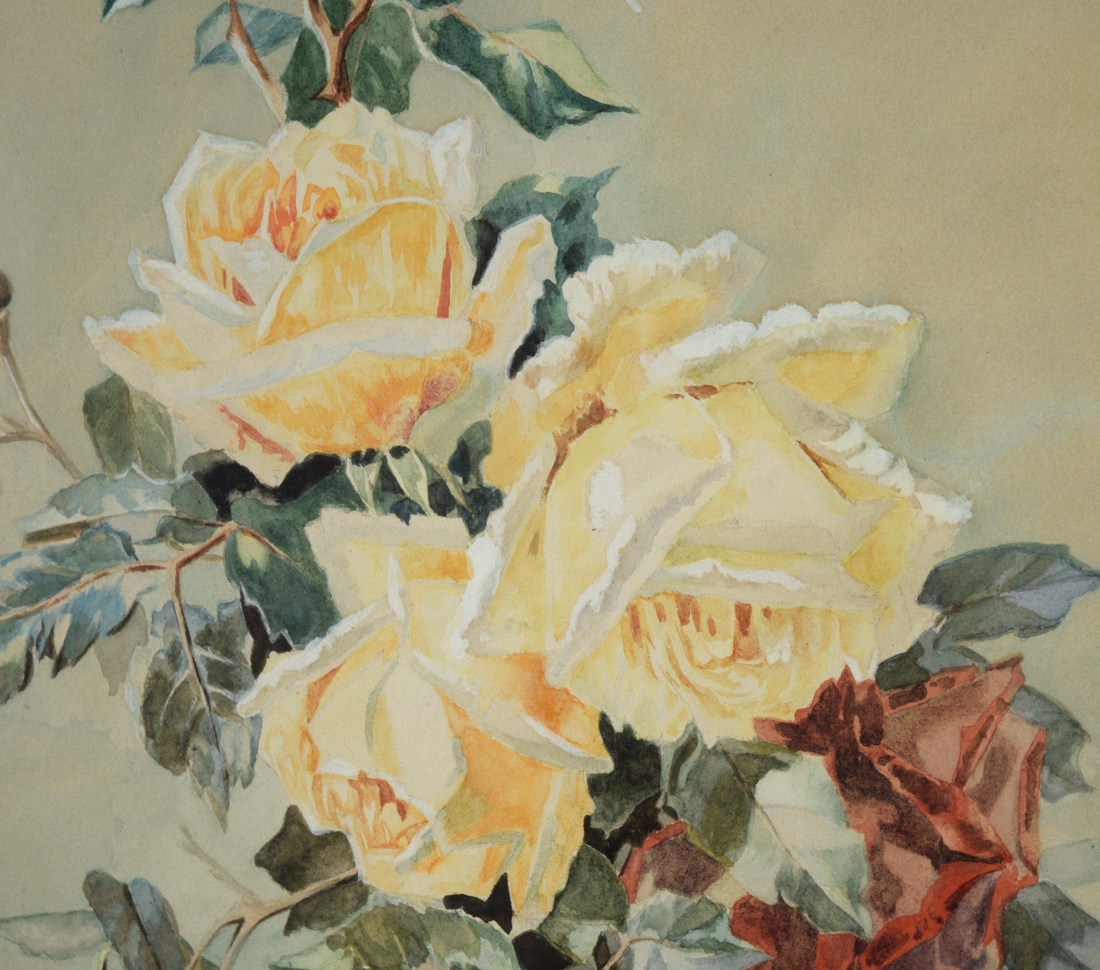 Nature morte au bouquet de roses jaunes - Aquarelle sur papier - Impressionnisme américain Painting par E.C. Michelle