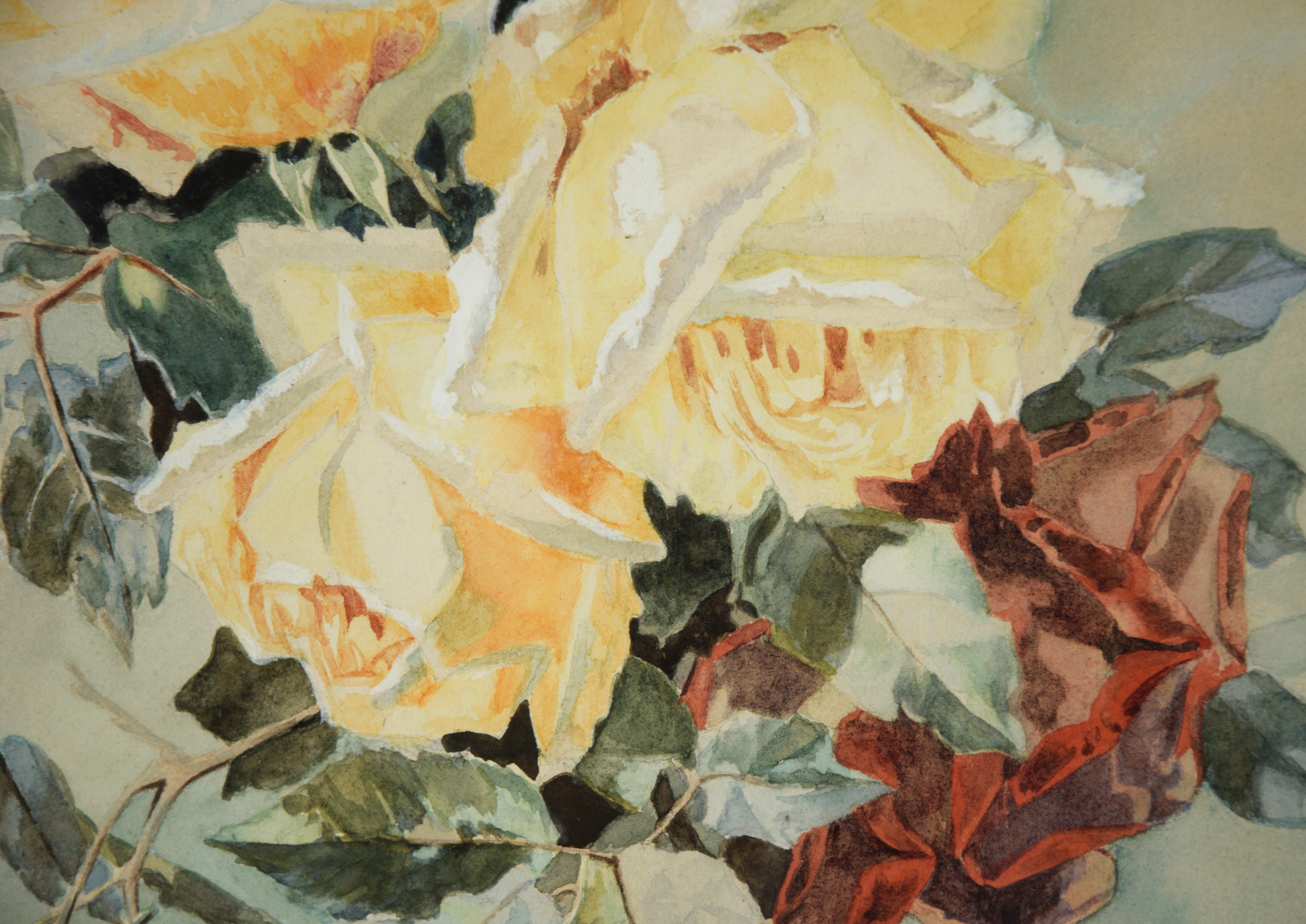 Nature morte au bouquet de roses jaunes - Aquarelle sur papier

Nature morte à l'aquarelle représentant un bouquet de roses jaunes entouré d'un fond vert. Trois roses jaunes constituent le point central, entourées de feuilles d'un vert éclatant. Les