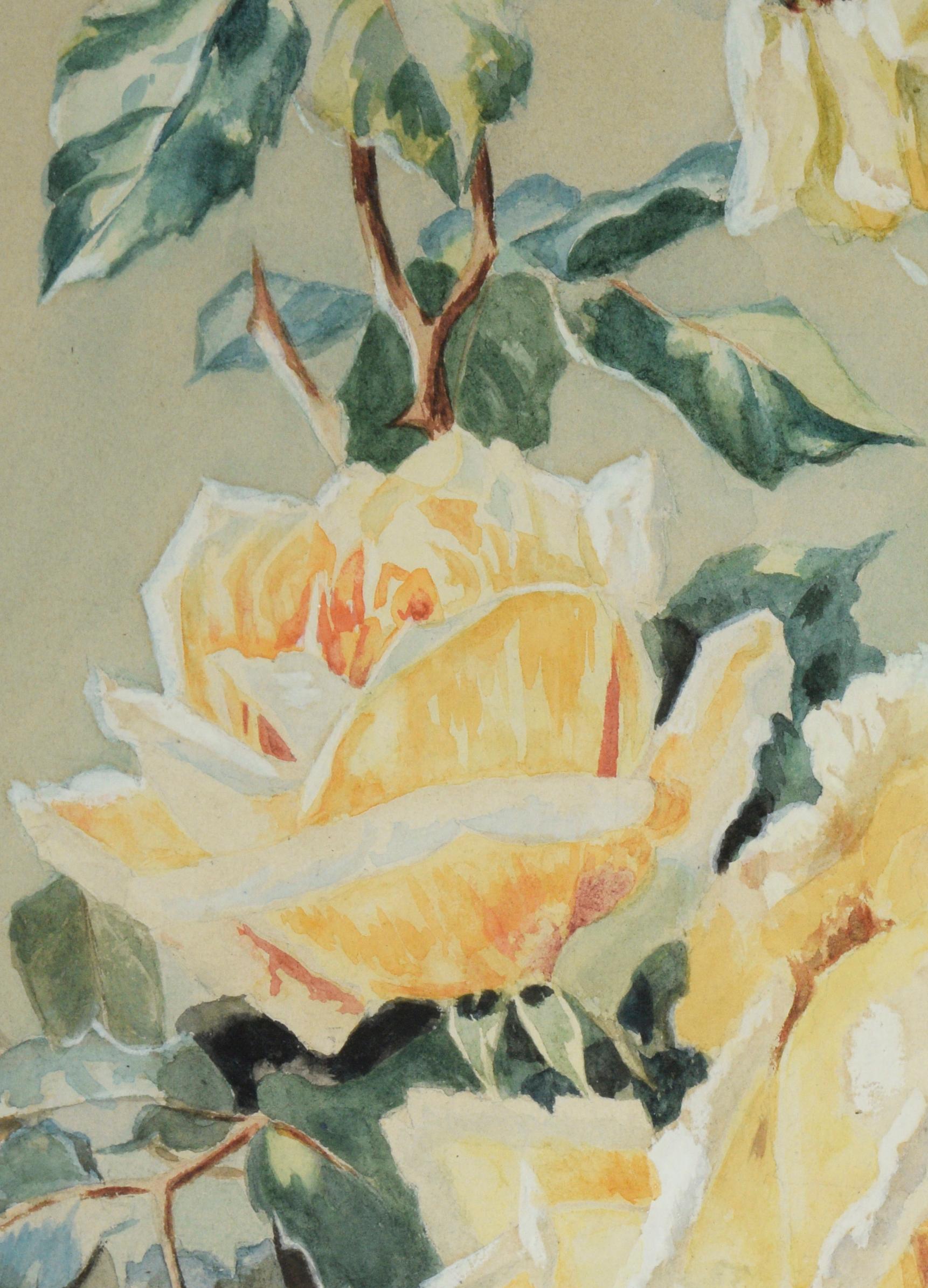 Nature morte au bouquet de roses jaunes - Aquarelle sur papier en vente 2