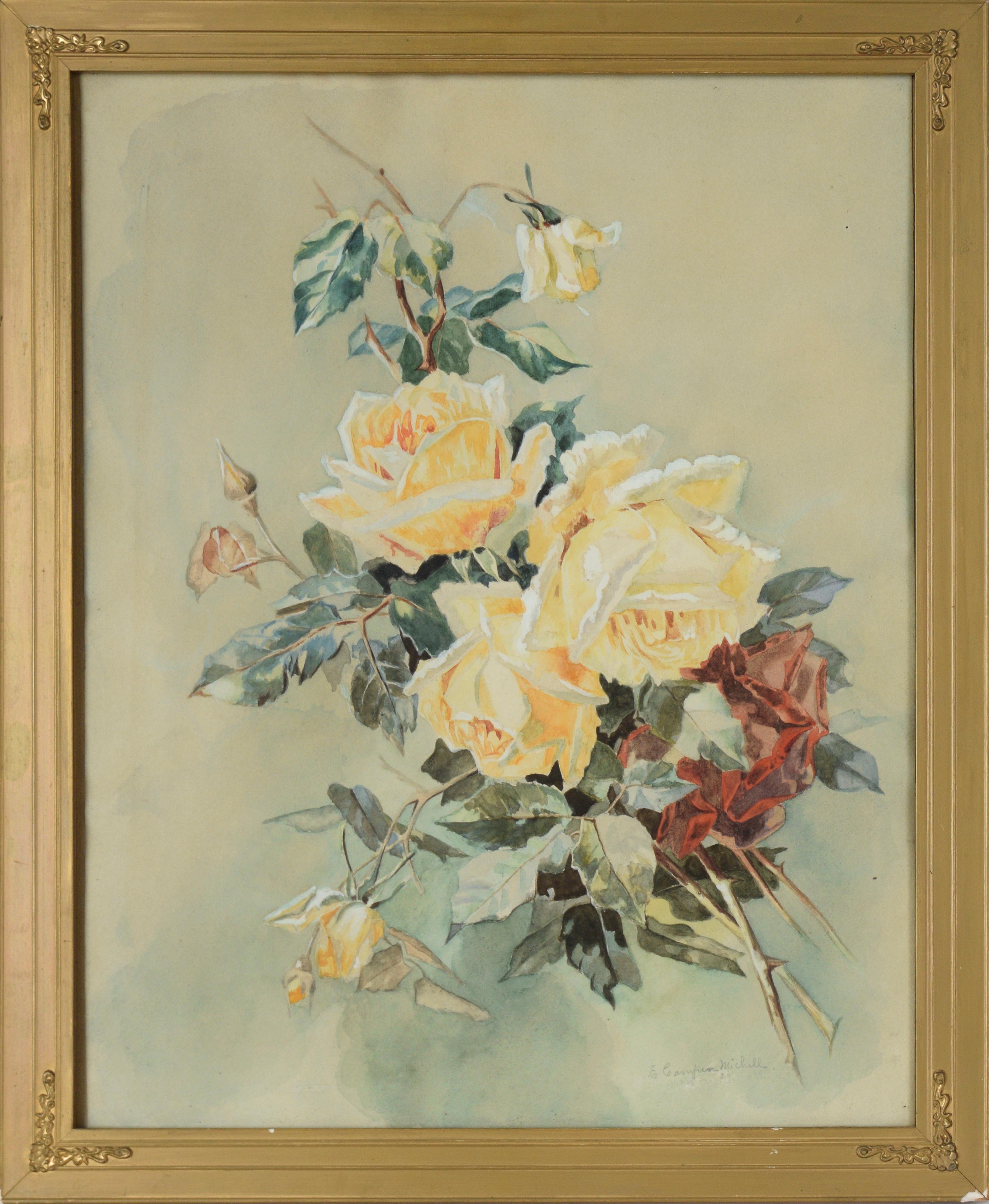 Still-Life Painting E.C. Michelle - Nature morte au bouquet de roses jaunes - Aquarelle sur papier