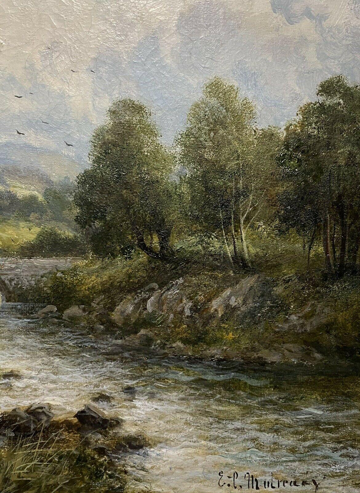 Antique English Signed Oil River Valley Landscape in Devon by E. C. Mulready - Brown Landscape Painting by E.C Mulready