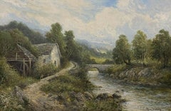 Antique English Signed Oil River Valley Landscape in Devon by E. C. Mulready