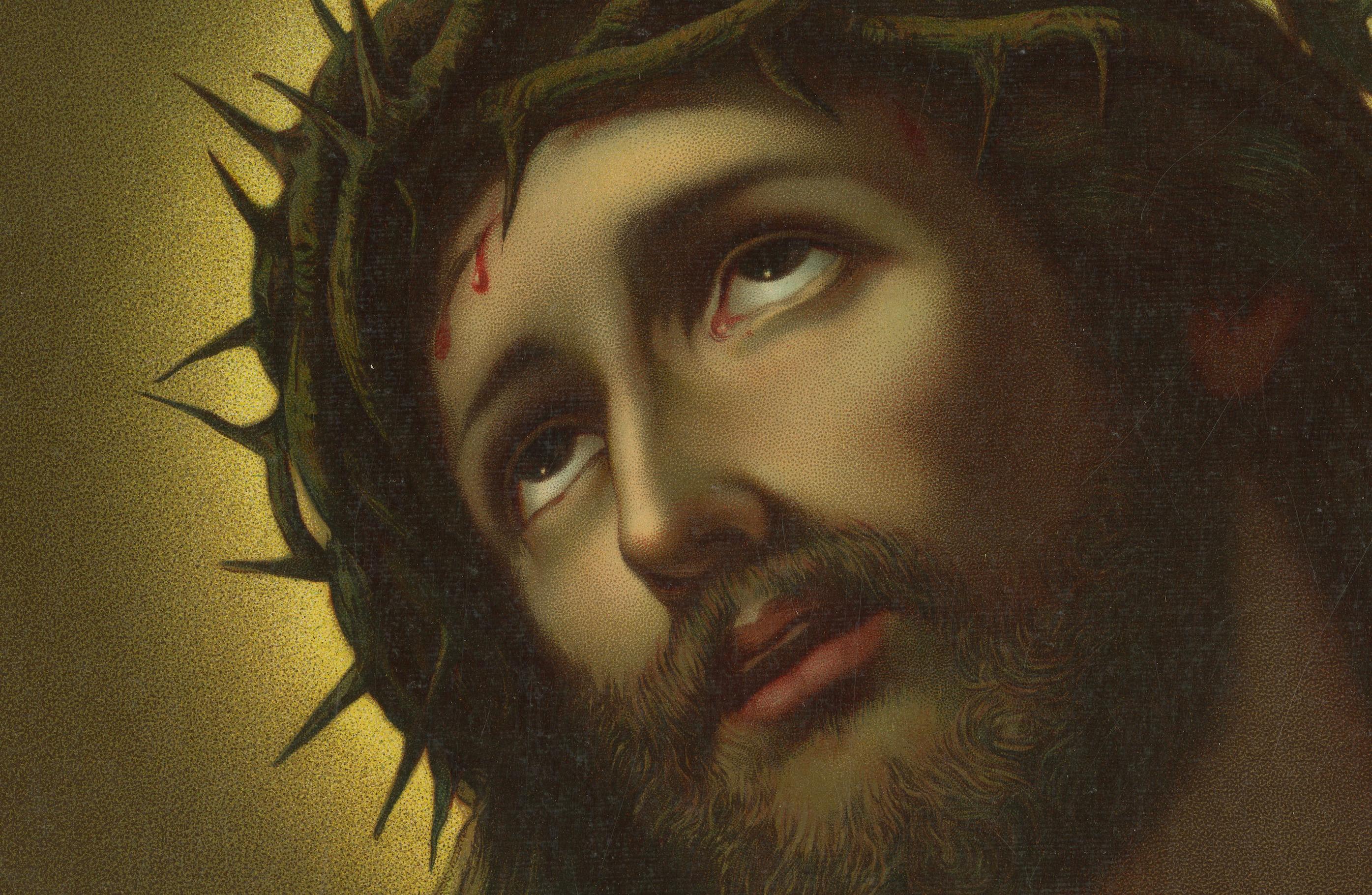 Allemand Ecce Homo, 1899 Chromolithographie allemande du Christ avec couronne d'épines (Dresde) en vente