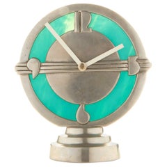 Eccentric American Art Deco Aluminum and Slag Glass Illuminated Electric Clock