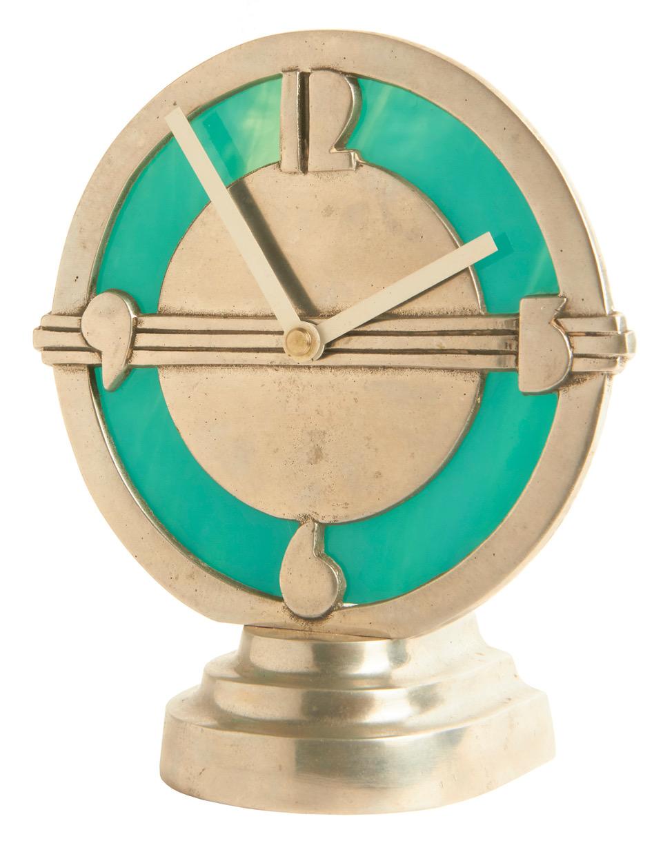 Cast Eccentric American Art Deco Aluminum and Slag Glass Illuminated Electric Clock