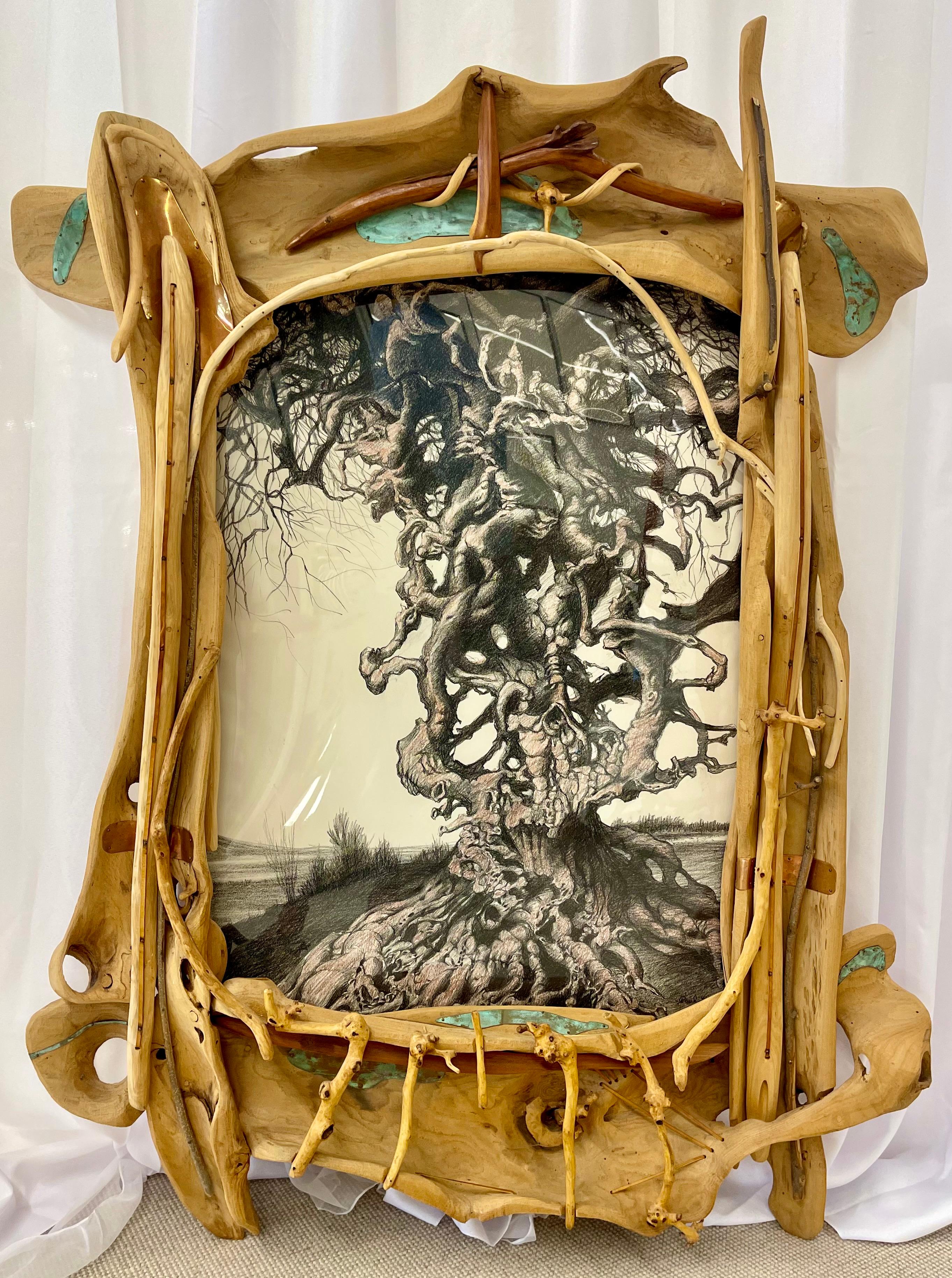 Eccentric Art Nouveau Rustic frame with a Signed Paul Gorka drawing large exotic wooden frame with heavily oxidized metal detailing throughout. A seemingly stunning frame that can easily be converted to a mirror.