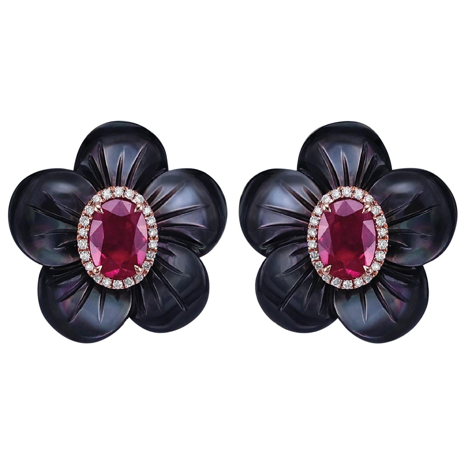 Eccentric Design Vivid Red Ruby with Black Mother of Pearl Stud Earring