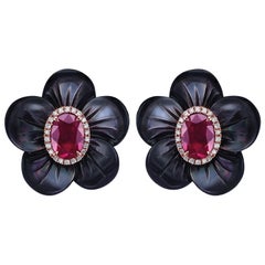 Eccentric Design Vivid Red Ruby with Black Mother of Pearl Stud Earring