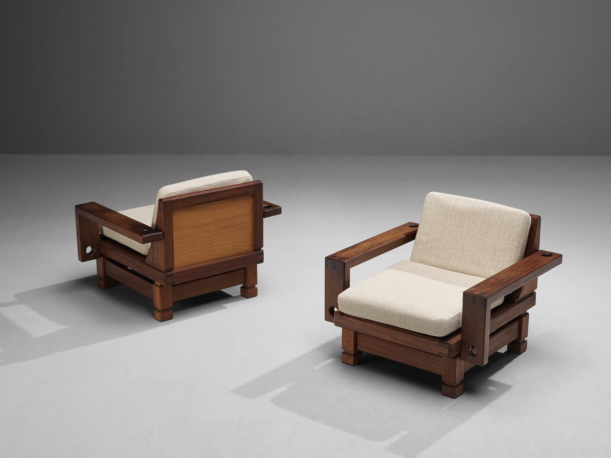 Fabric Eccentric French Pair of Lounge Chairs in Teak and Off-White Upholstery
