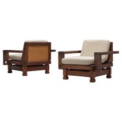 Eccentric French Pair of Lounge Chairs in Teak and Off-White Upholstery