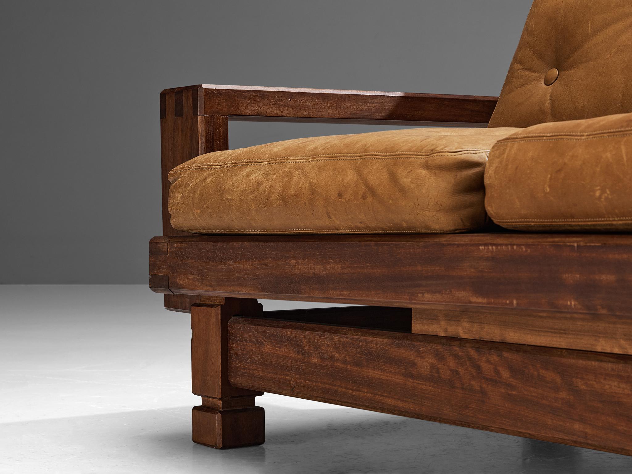 Eccentric French Sofa in Teak and Cognac Brown Leather  For Sale 2