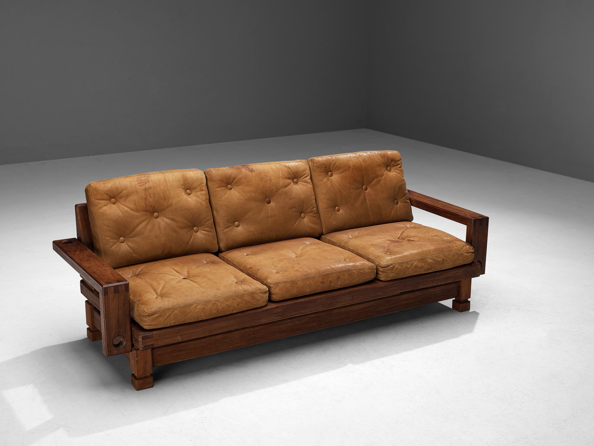 Mid-Century Modern Eccentric French Sofa in Teak and Cognac Brown Leather  For Sale