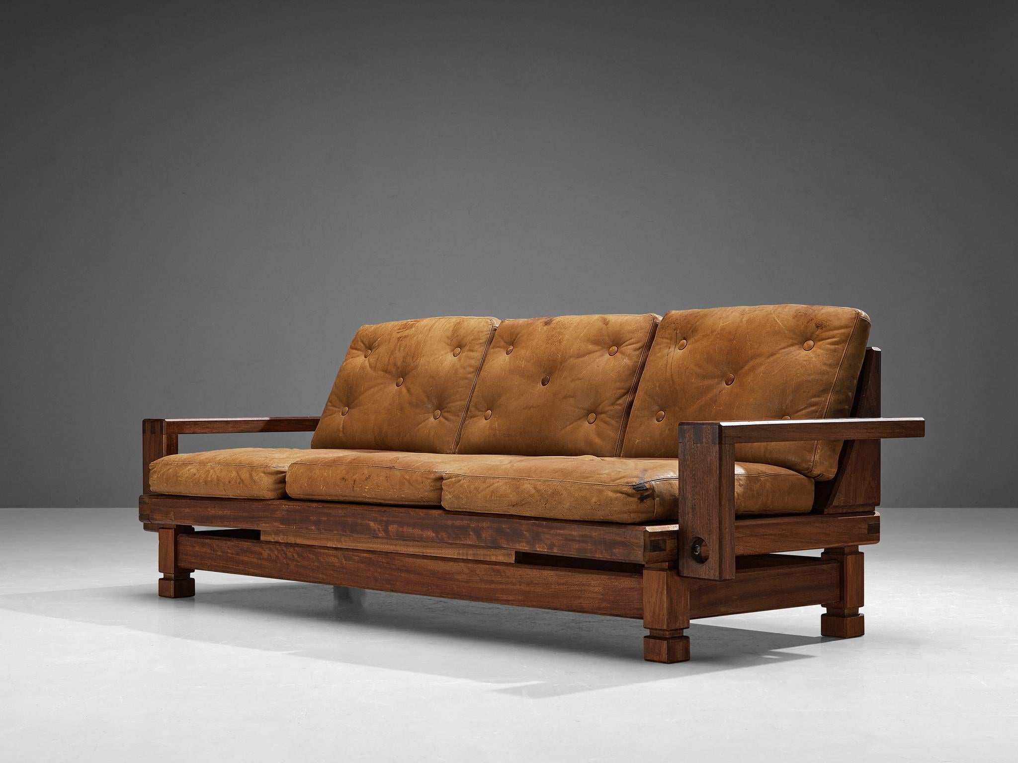 Mid-20th Century Eccentric French Sofa in Teak and Cognac Brown Leather  For Sale