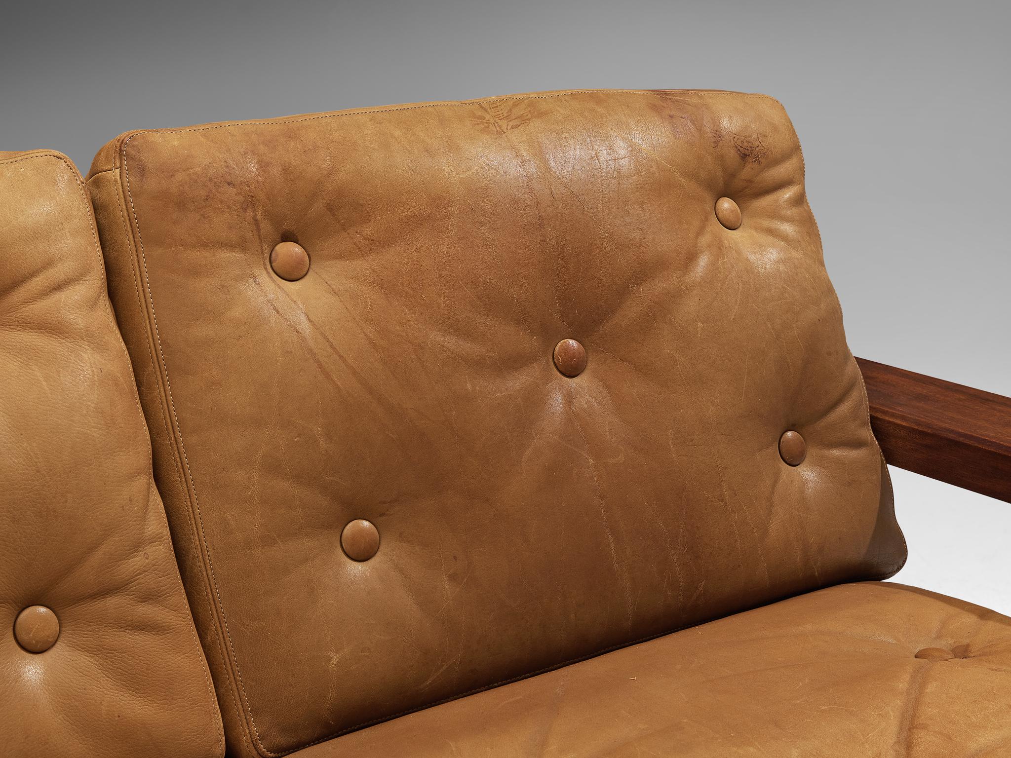 Eccentric French Sofa in Teak and Cognac Brown Leather  For Sale 1