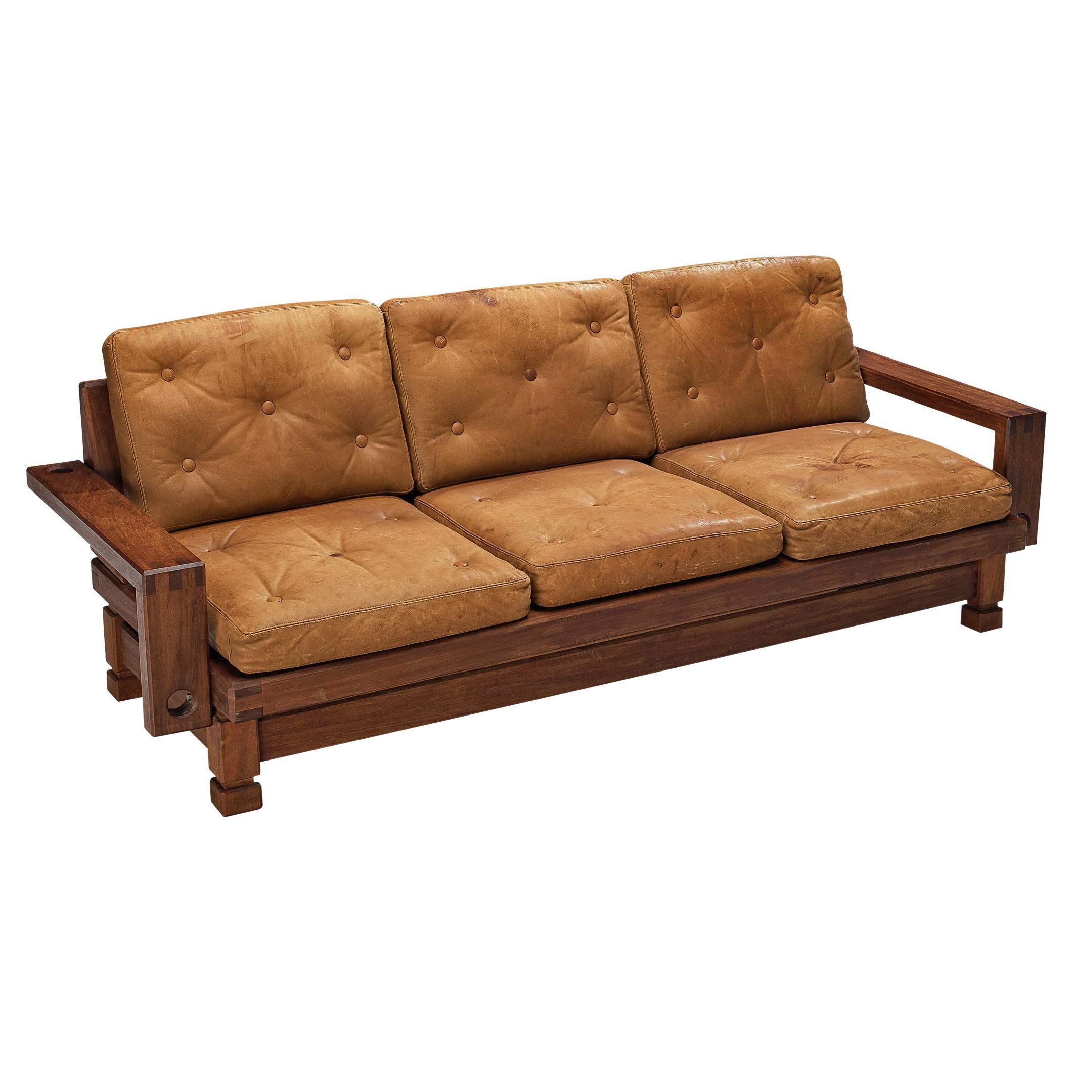 Eccentric French Sofa in Teak and Cognac Brown Leather  For Sale