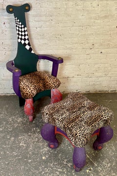 Eccentric Hand-Painted Postmodern Memphis-style Armchair & Ottoman