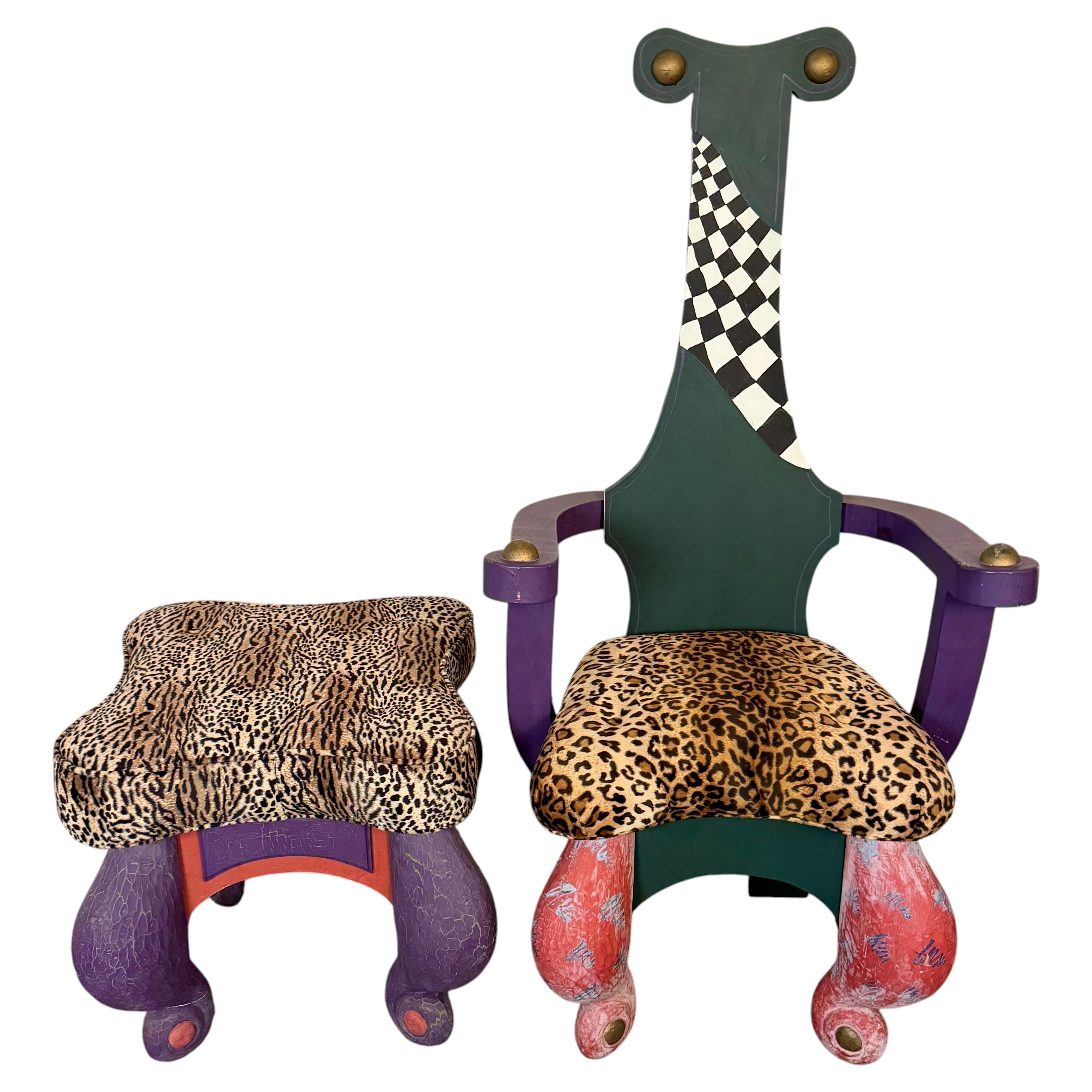 Eccentric Hand-Painted Postmodern Memphis-style Armchair & Ottoman