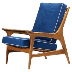 Eccentric Italian Lounge Chair in Oak and Blue Upholstery 