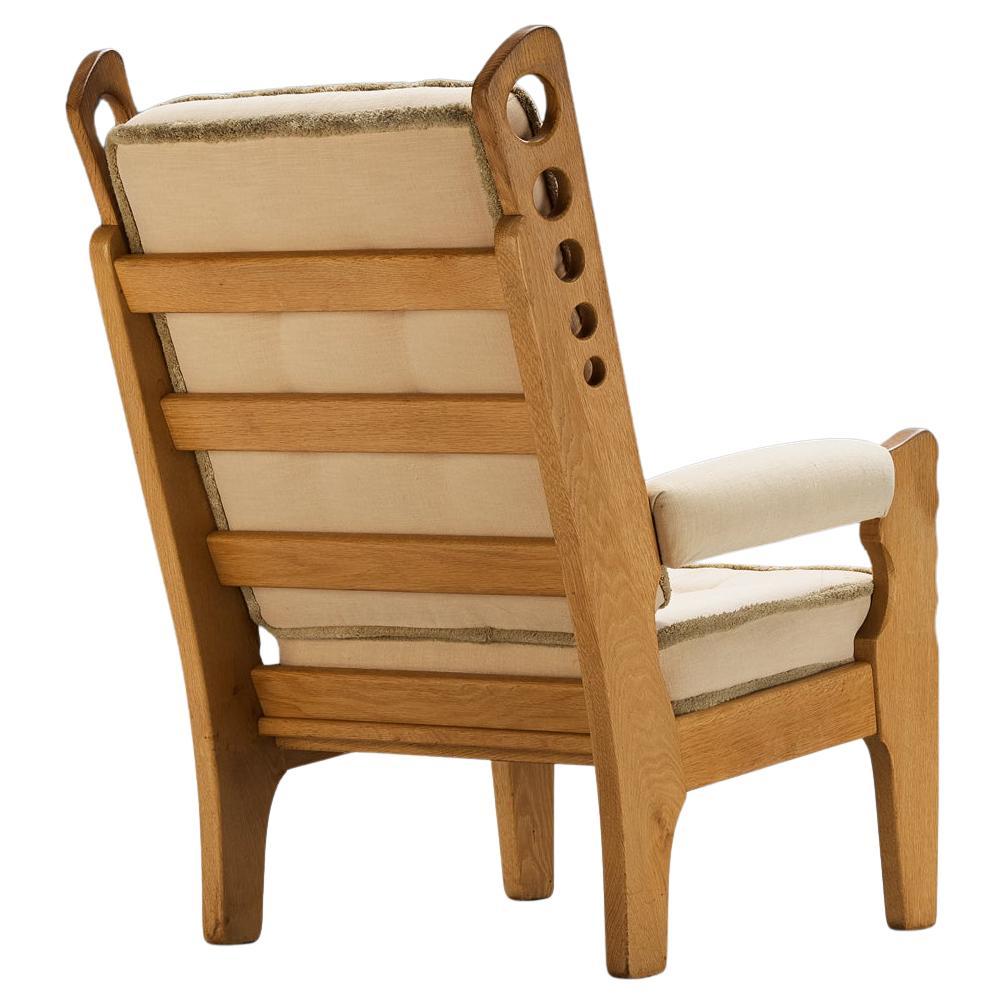Eccentric Lounge Chair with Decorative Carvings in Oak and Beige Upholstery