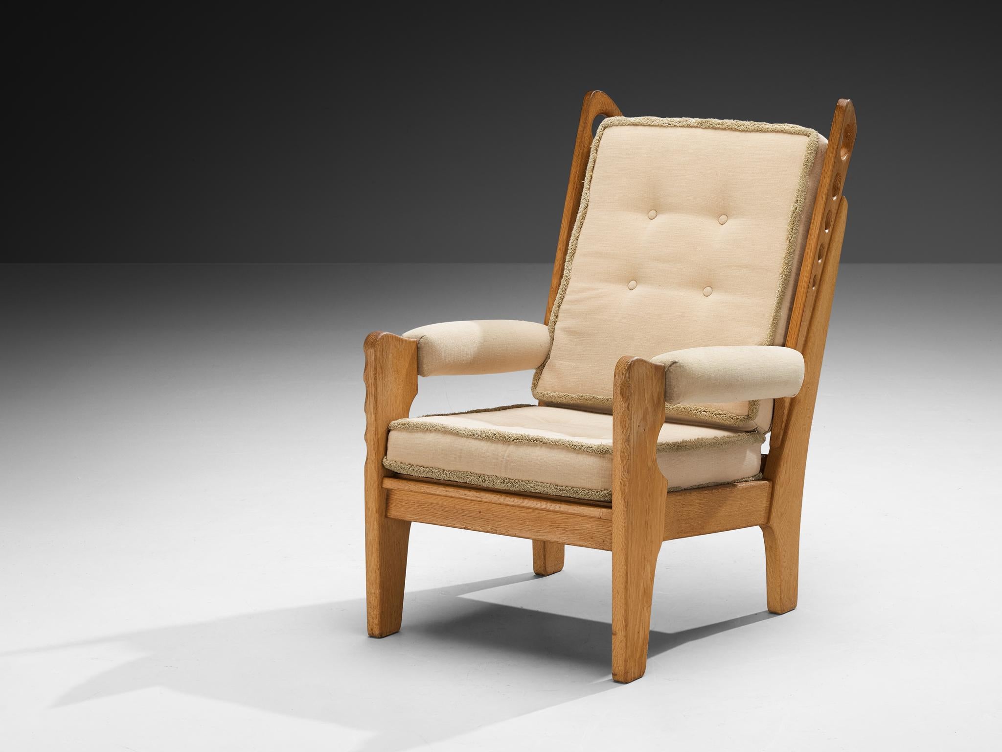 Fabric Eccentric Lounge Chairs with Decorative Carvings in Oak